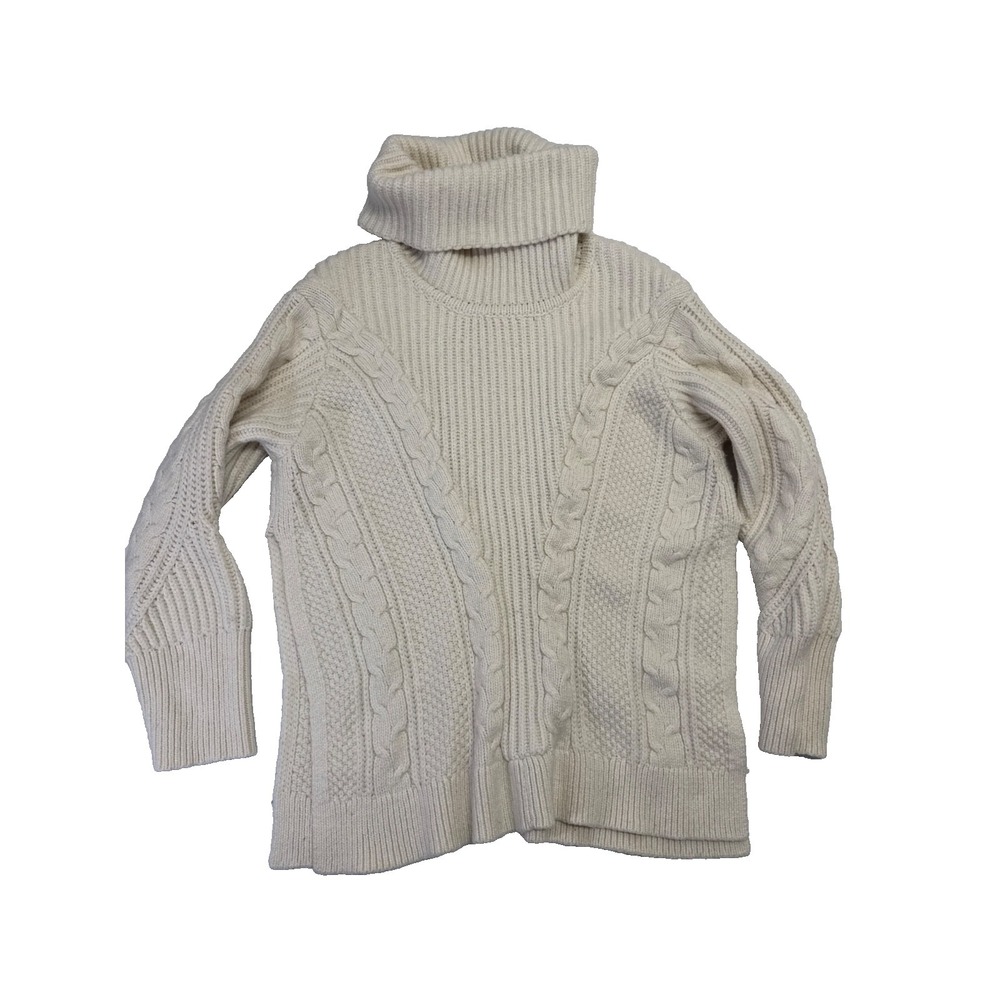 Banana Republic Cream Cable Knit Turtleneck Sweater Side Slits‎ XS Off White